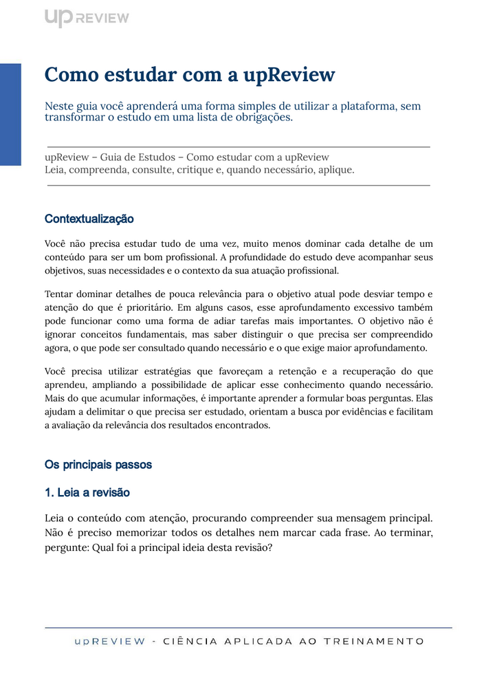 Página interna do guia Como estudar com a UpReview